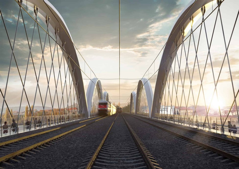 Vizualizace k nové podobě Vyšehradského železničního mostu. Postaven by mohl být do roku 2028. Spolu s mostem se počítá i se zachováním lávek pro pěší a cyklisty nebo dokonce se zřízením nové železniční zastávky hned za mostem.