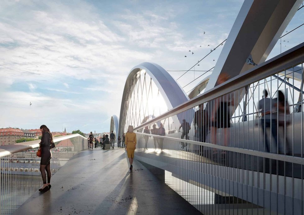 Vizualizace k nové podobě Vyšehradského železničního mostu. Postaven by mohl být do roku 2028. Spolu s mostem se počítá i se zachováním lávek pro pěší a cyklisty, nebo dokonce se zřízením nové železniční zastávky hned za mostem.