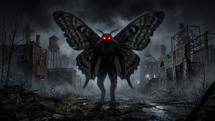 Mothman byla dva metry vysoká postava s křídly a červeně svítícíma očima Mothman byla dva metry vysoká postava s křídly a červeně svítícíma očima