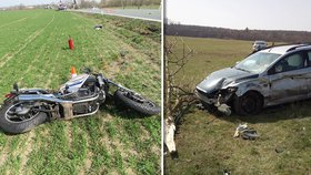 U Čestic na Rychnovsku se srazil motorkář s osobním vozem. Řidič motocyklu zemřel po převozu do nemocnice.