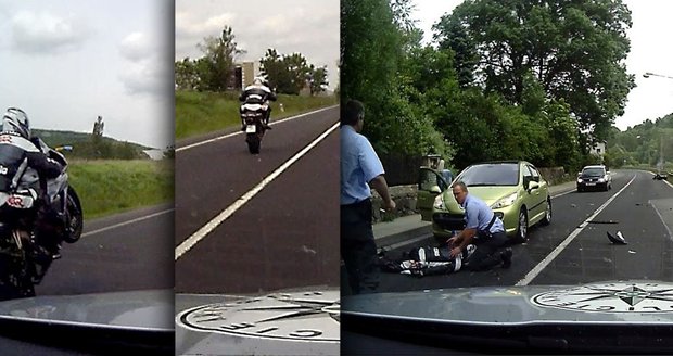 Šílenec na motorce: Policisty předjel po jednom kole, ujížděl na červenou. Skončil pod koly auta
