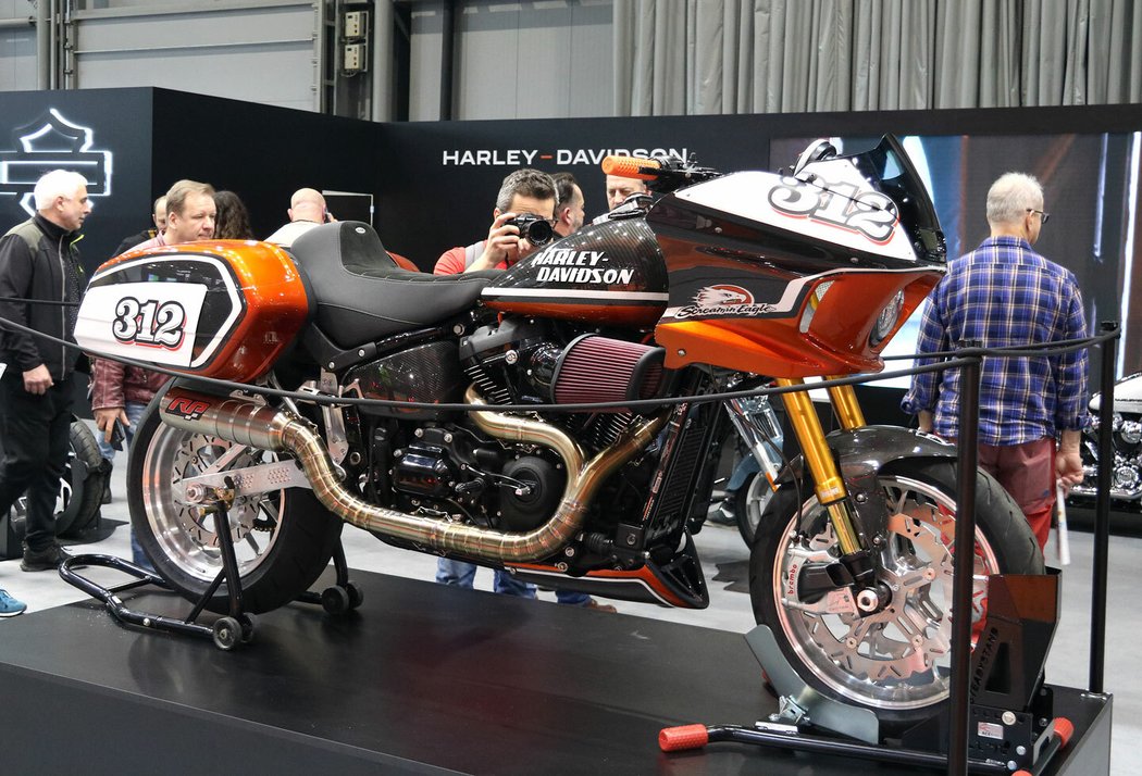 Harley-Davidson Public Enemy by Pepa Sršeň Šiler. První Low Rider ST postavený jako závodní speciál - bagger race. Na jeho stavbě se podle návrhů Pepy Sršně podílely české firmy.
