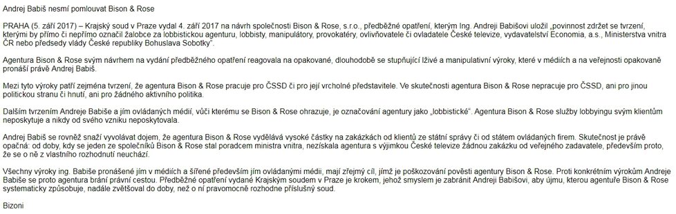 Bison&Rose na svém webu zveřejnila článek o Andreji Babišovi, který nesmí hanit jméno společnosti.