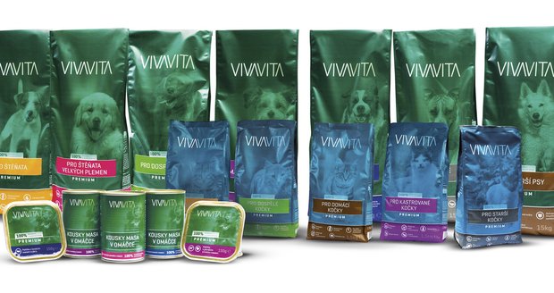 Prémiové krmivo VIVAVITA vhodné pro všechny věkové kategorie a specifické životní fáze psů i koček. Prodává Mountfield.    