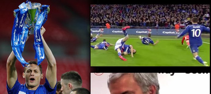 Záložník Chelsea Nemanja Matič se zranil během oslav po zisku Ligového poháru, trenér José Mourinho se mu vysmál