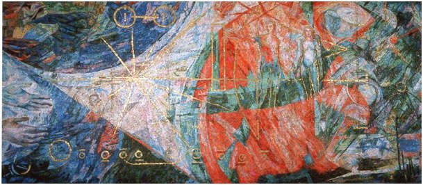 Takto mozaika Člověk dobývající nové horizonty vesmíru vypadala původně. V uplynulých letech však byla překryta sádrokartonovou zdí, přes kterou byl natažen plakát.