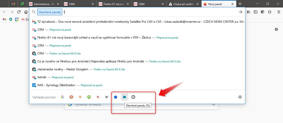 Vyhledávat lze nově i v otevřených panelech, historii prohlížení nebo záložkách