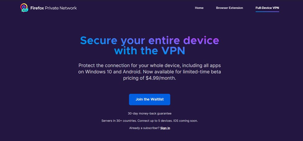 VPN od Mozilly pro Android