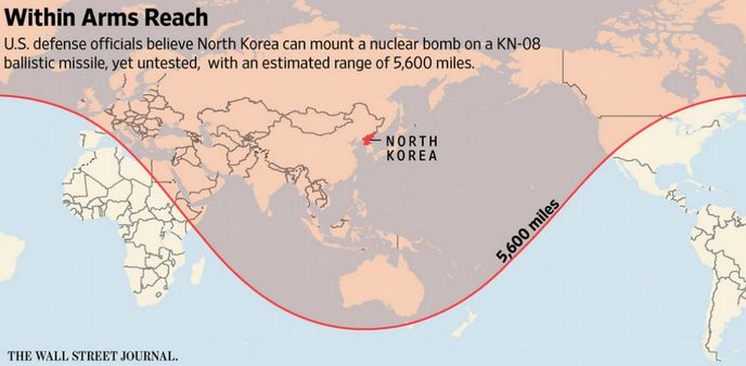 Možný dolet severokorejských raket s jadernými hlavicemi