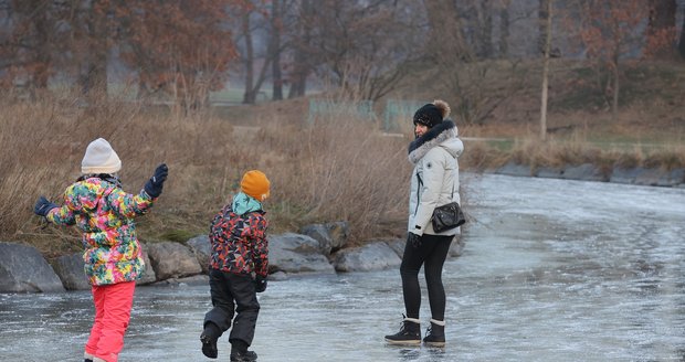 Rybníky ve Stromovce zamrzly. Lidé na nich o víkendu bruslili. (13. ledna 2024)