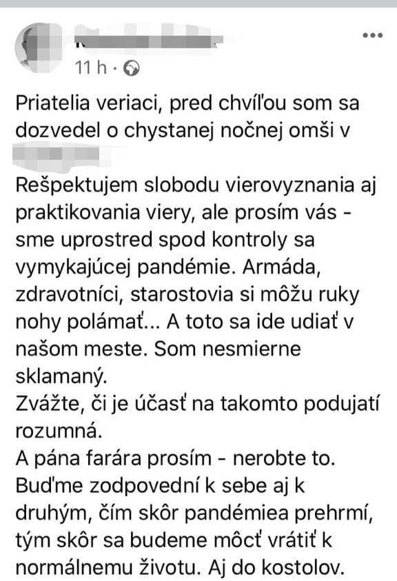 Ve slovenském Hlohovci chtěl pod rouškou noci uspořádat místní farář mši. Policie mu to ale zatrhla.