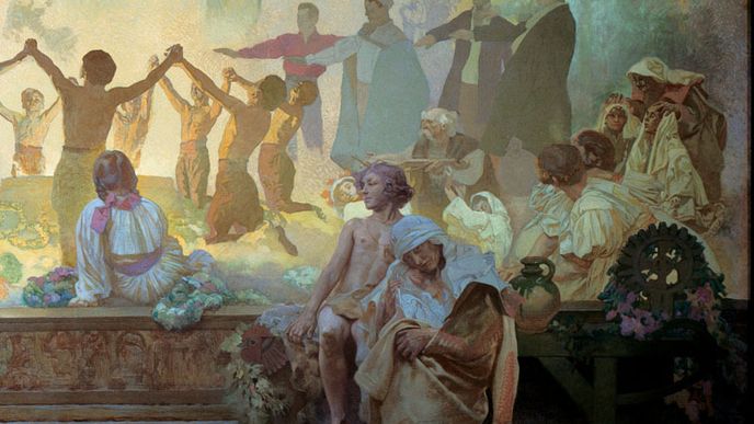 Alfons Mucha ve výřezu obrazu ze Slovanské epopeje zachytil syna Jiřího – je to ten nahý chlapec. Porovnejte jeho profil s mužem se zbraní z fotky vpravo dole.