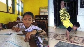 Malý Mukhlis z Indonésie se narodil s nedostatečně vyvinutýma nohama. Do školy se naučil chodit po rukou!