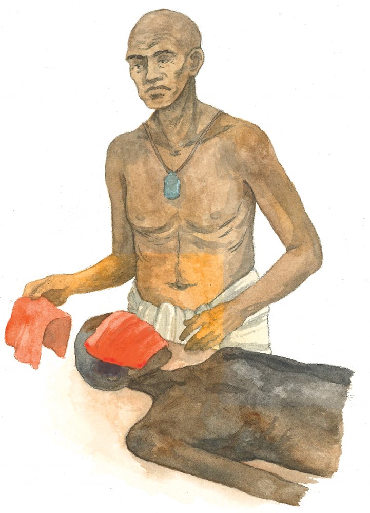 Na tvář zemřelého se během mumifikace přiložil kus červené látky napuštěné prostředkem z vonných látek a pryskyřice