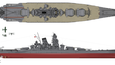 Nákres bitevní lodi Musashi v její konfiguraci z 10/1944.