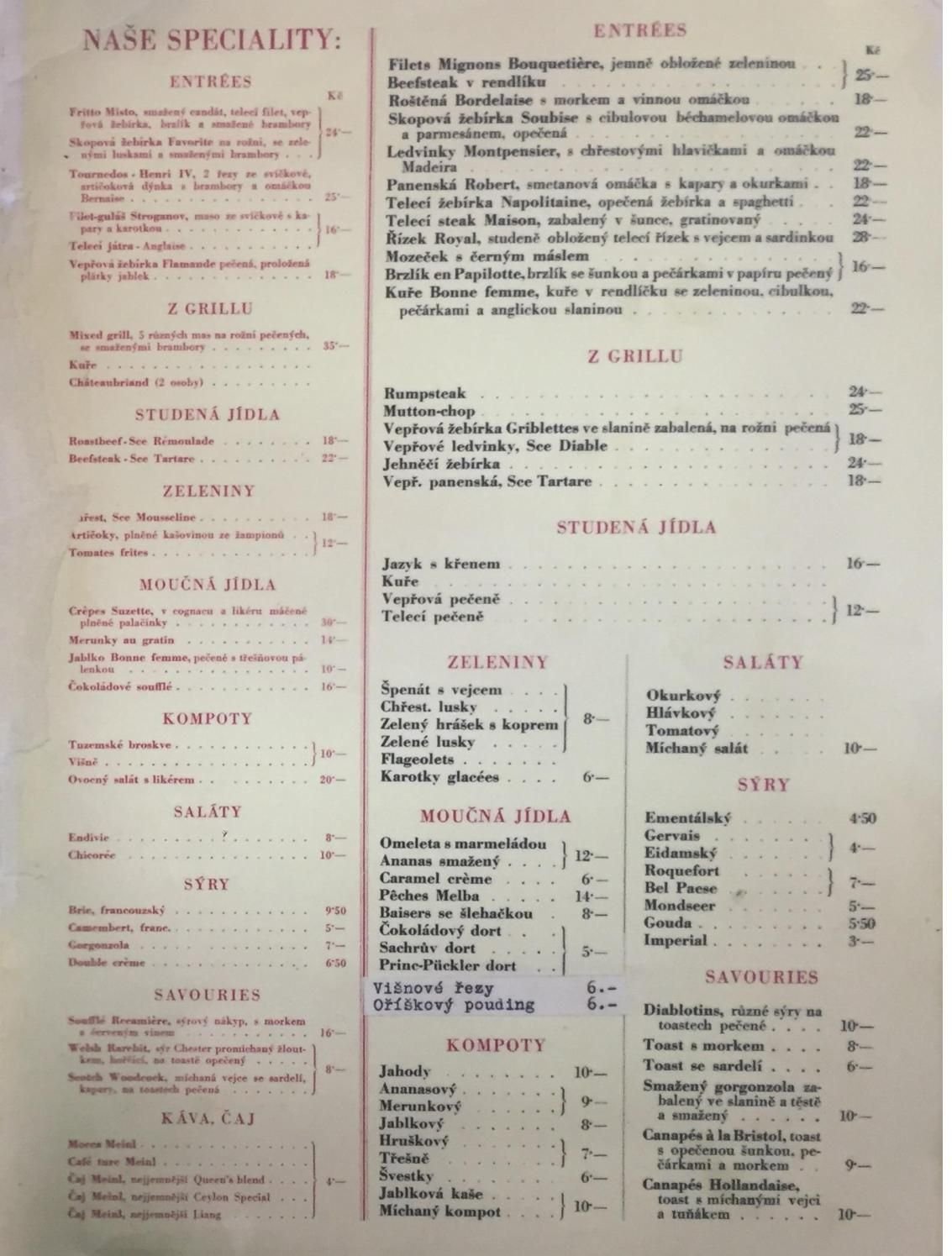 Jídelní lístek v Grandhotelu Šroubek lákal na promyšlené a vynikající menu.