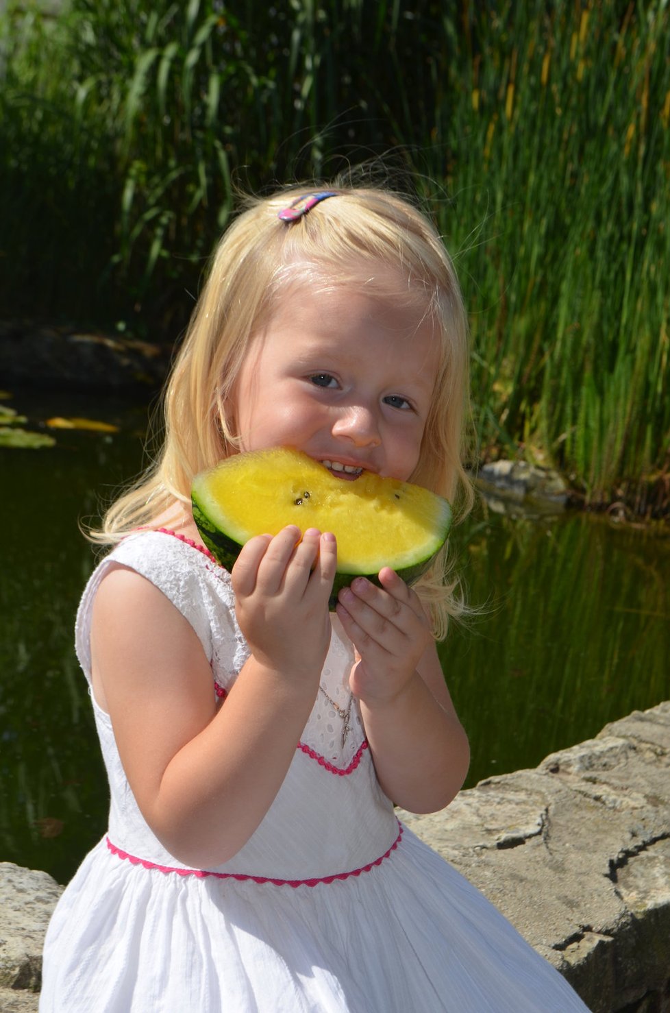 Vnučka Gurových Lilinka si na žlutém melounu pochutnala.