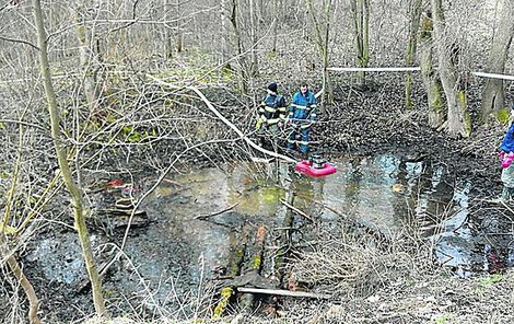 Kvůli granátu museli hasiči přečerpat vodu z malého rybníčku... ...pak v něm pyrotechnik munici hledal. Granát nenašel.