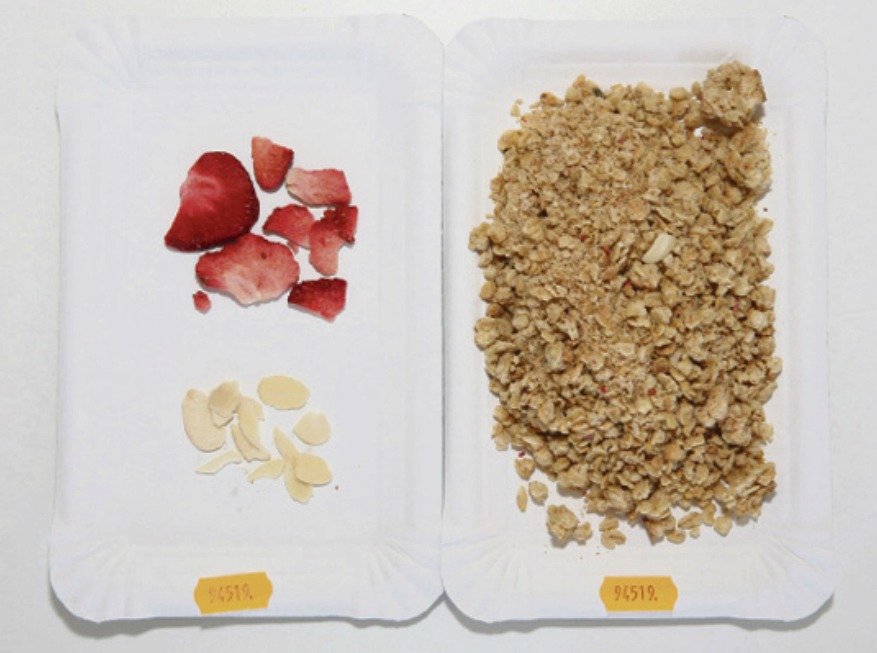 Emco Mysli na zdraví Jahody a mandle: 97,2 % vločky, 1,5 % mandle, 1,3 % jahody