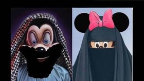 Mickey Mouse a jeho družka Minie jako ortodoxní muslimové