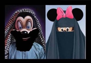 Mickey Mouse a jeho družka Minie jako ortodoxní muslimové