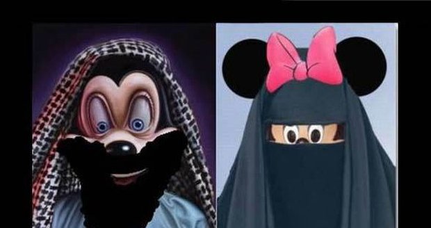 Mickey Mouse a jeho družka Minie jako ortodoxní muslimové