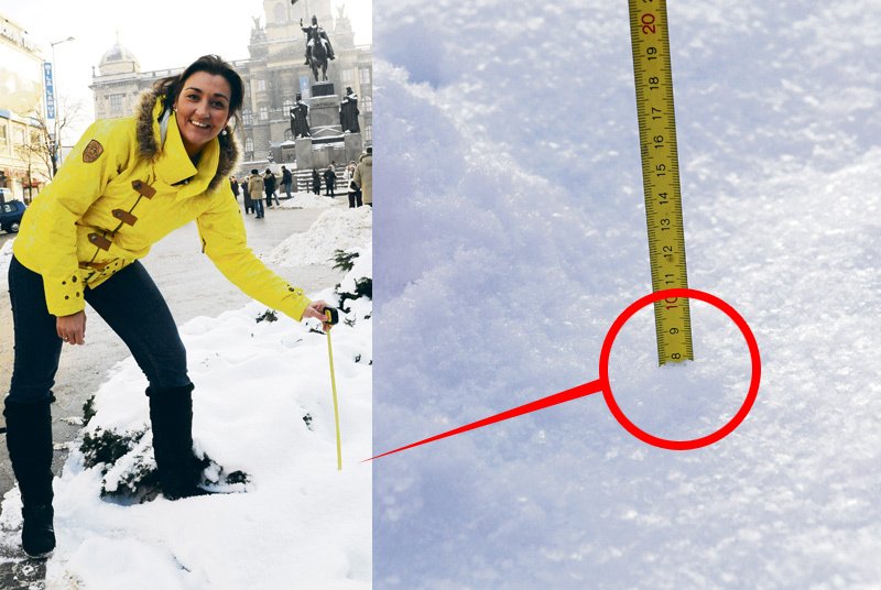 Redaktorka Nedělního Blesku měřila vrstvu sněhu na Václavském náměstí. Naměřila osm centimetrů.