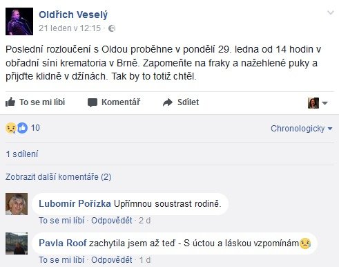 Rodina oznámila datum a místo posledního rozloučení s Oldřichem Veselým