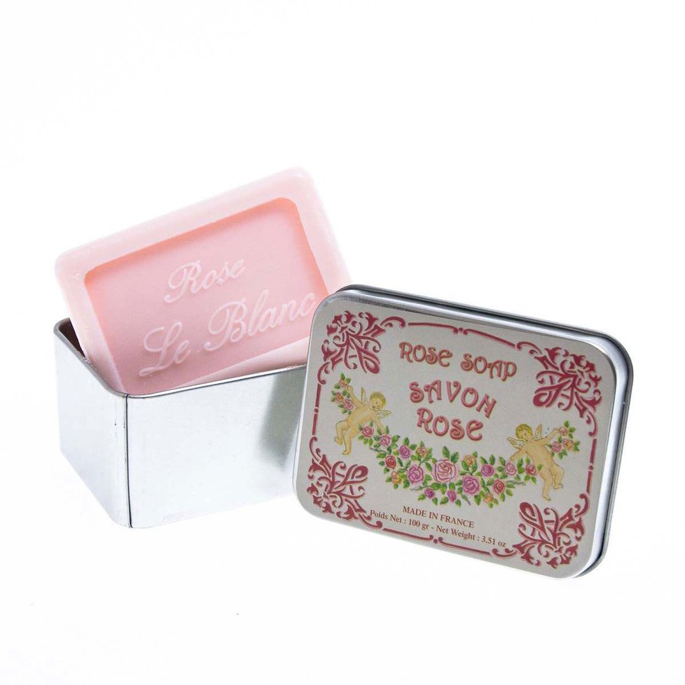 Luxusní přírodní růžové mýdlo z Francie v plechové krabičce, bellarose.cz, cena 182 Kč