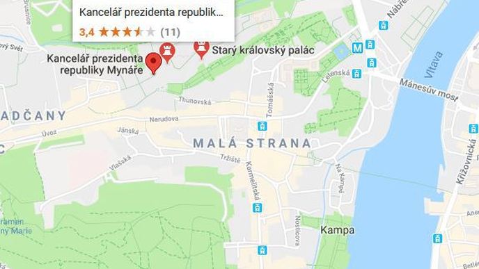 Někdo na mapě vyrobil „Kancelář prezidenta republiky Mynáře“. 