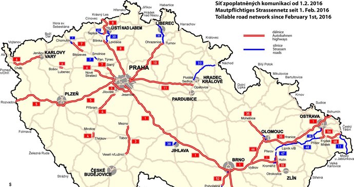 Mapa mýtem zpoplatněných úseků v České republice