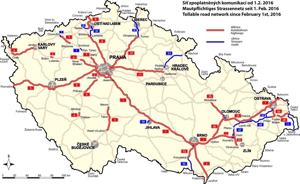 Mapa mýtem zpoplatněných úseků v České republice.