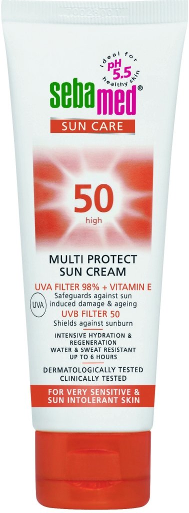 Sebamed SPF50 opalovací krém, 189 Kč (75ml), koupíte v síti lékáren