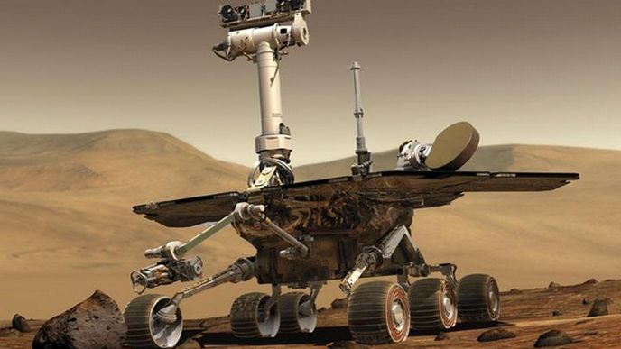 Na výzkumech. Robotické vozítko Opportunity na Marsu v představě kreslíře americké kosmické agentury NASA