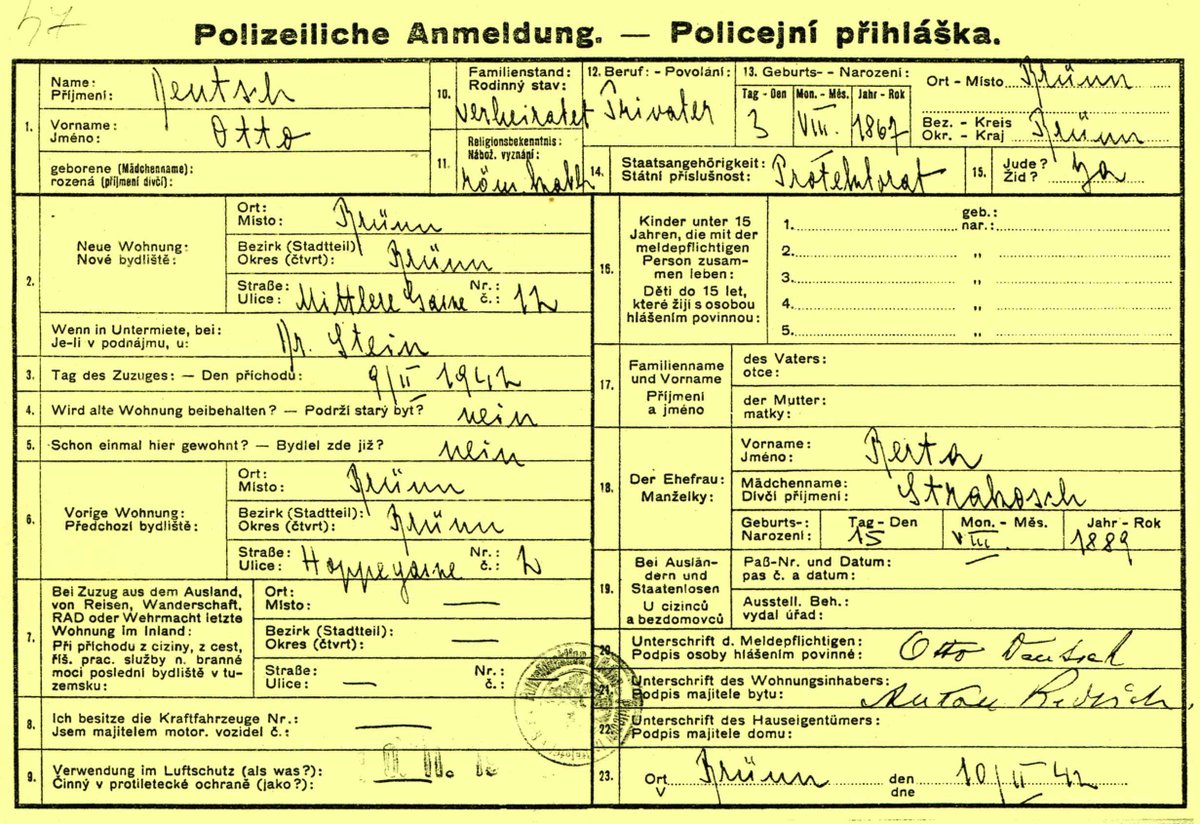Policejní přihláška Otto Deutsche z roku 1941.