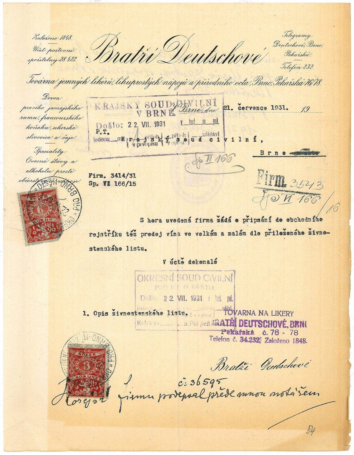 Žádost o připsání do obchodního rejstříku z roku 1931.
