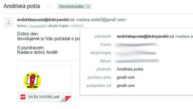 Pozor na podvodný e-mail, který se jménem nadace DOBRÝ ANDĚL snaží vylákat peníze na podvodný účet.