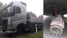 Řidič náklaďáku jel po dálnici D5 u Plzně bez předního kola, prý hledal servis.