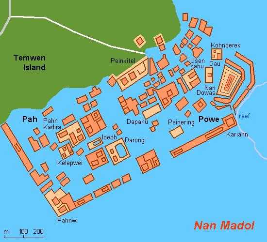 Mapa centrální části souostroví Nan Madol.