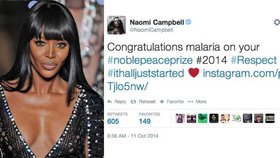 Šílený překlep Naomi Campbell: Pogratulovala Malárii k Nobelovce!