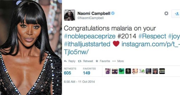 Šílený překlep Naomi Campbell: Pogratulovala Malárii k Nobelovce!