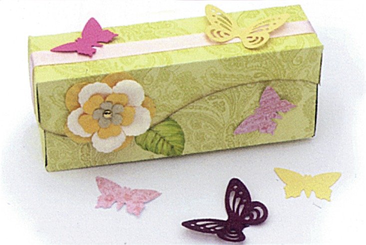 Nakonec krabičku dozdobte – na víčko nalepte služku a papírové motýlky (trochu jim ohněte křídla, aby vypadali plasticky), dozdobte i přední stěnu. Pak už zbývá jen vložit dárek.