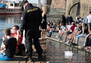 Na pražskou náplavku opět vyrazily stovky lidí. Na místo dorazila i policie, která je upozorňuje na porušování vládních opatření. (31. března 2021)