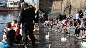 Na pražskou náplavku opět vyrazily stovky lidí. Na místo dorazila i policie, která je upozorňuje na porušování vládních opatření. (31. března 2021)