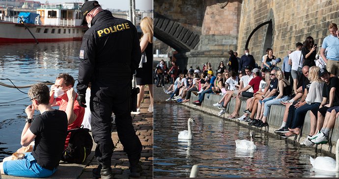 Na pražskou náplavku opět vyrazily stovky lidí. Na místo dorazila i policie, která je upozorňuje na porušování vládních opatření. (31. března 2021)