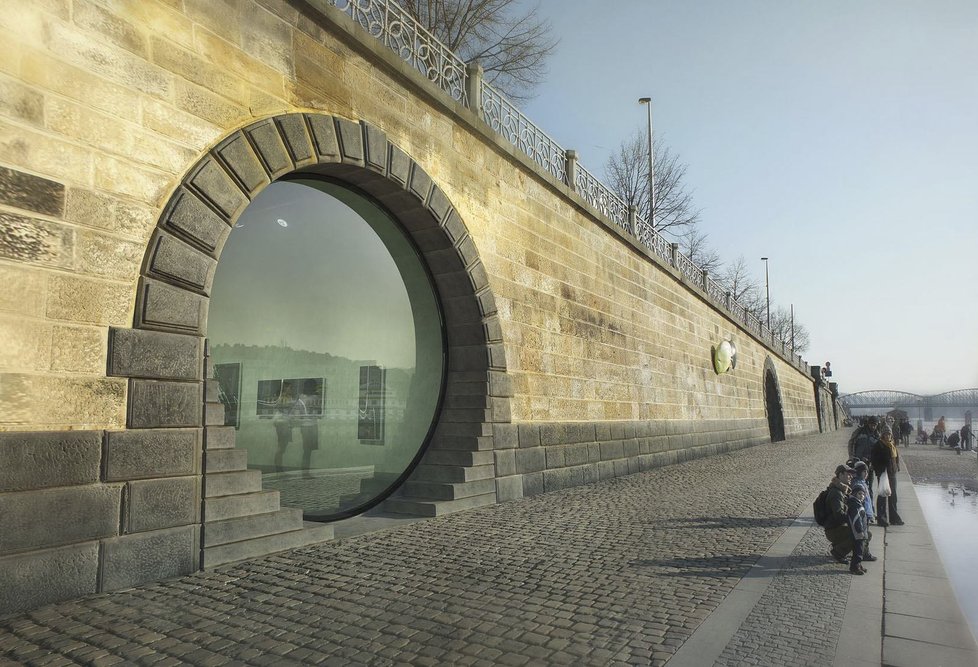 Vizualizace kobky s instalovaným oknem na pražské náplavce.