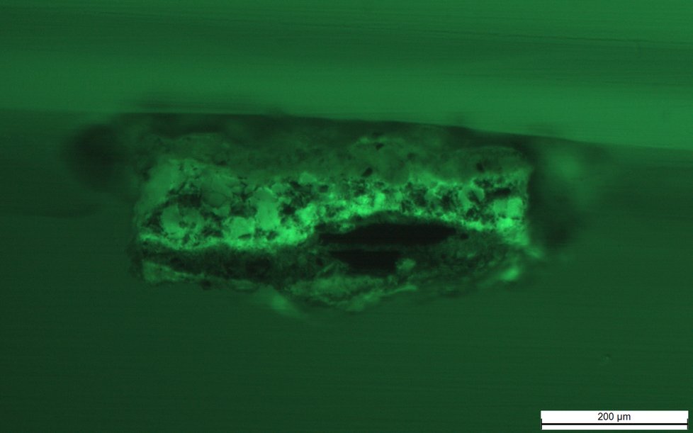 Mikroskopické snímky materiálů pod mikroskopem za použití bílého světla, UV světla a UV světla v zeleném spektru.