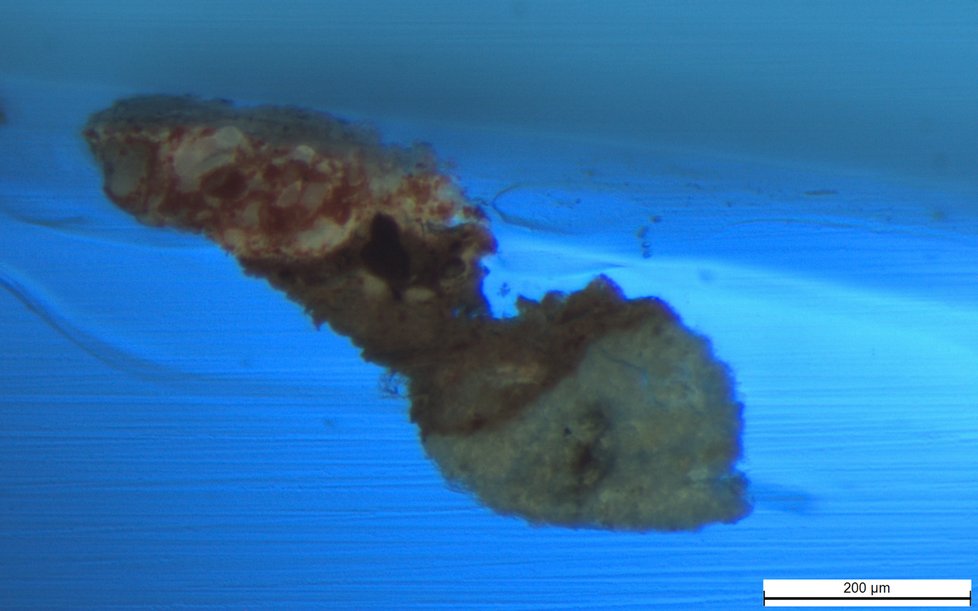 Mikroskopické snímky materiálů pod mikroskopem za použití bílého světla, UV světla a UV světla v zeleném spektru.