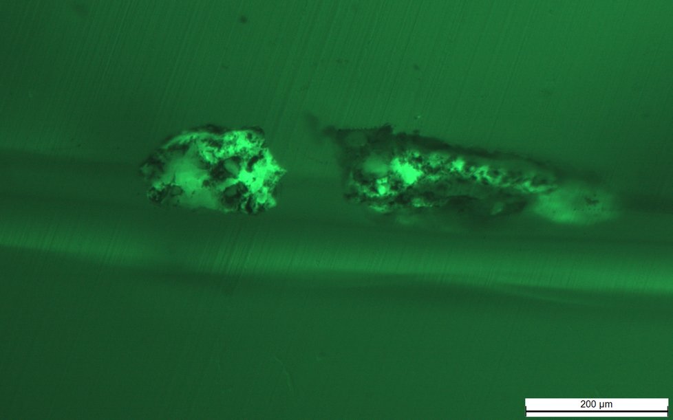 Mikroskopické snímky materiálů pod mikroskopem za použití bílého světla, UV světla a UV světla v zeleném spektru.