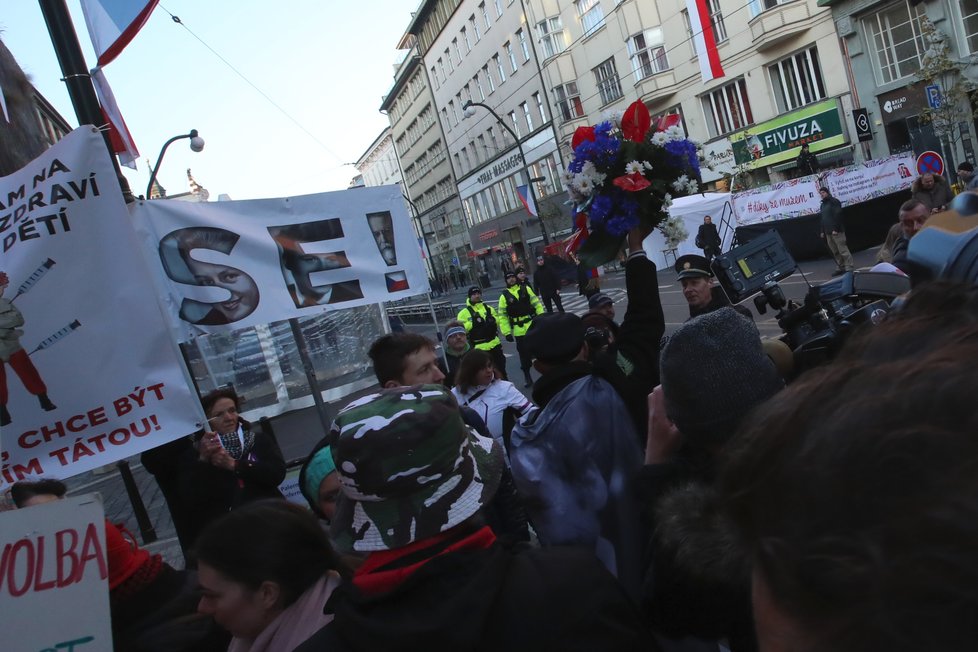 Pieta na Národní třídě k 17. listopadu. Od rána zde probíhá demonstrace proti premiéru Babišovi